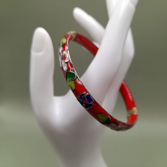 Vintage Asian Gold Trim Red Floral Cloisonné Hinged Bangle Bracelet, 7 1/4 Inch - Picture 3 of 10